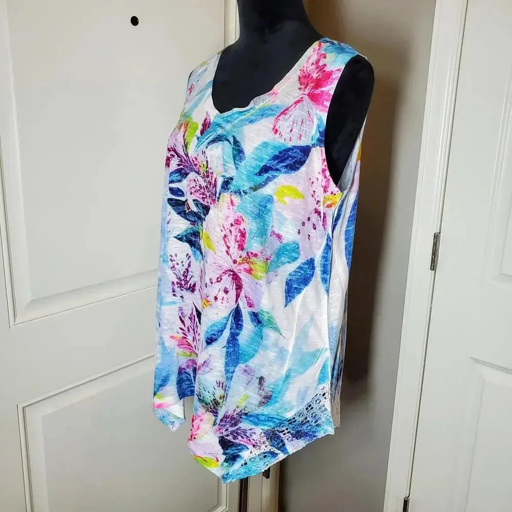 Time and Tru Floral Tie-Dye Rhinestone V-Neck Lacey Tank Women's Size Large